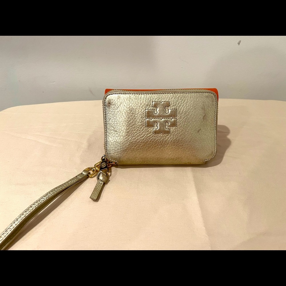 Authentic Tory Burch gold metallic wrist wallet